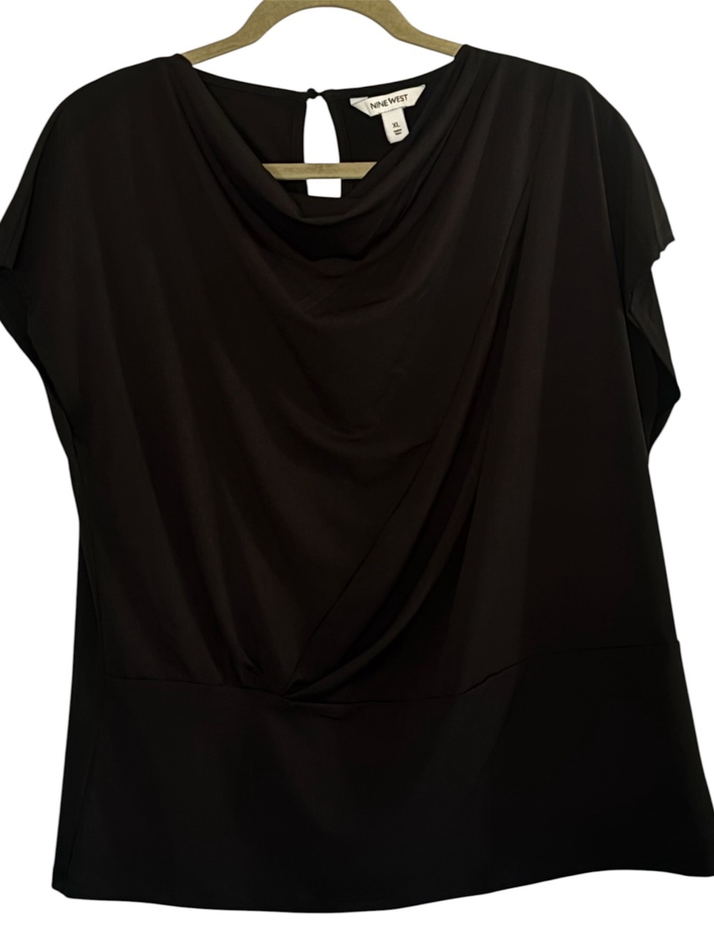 Nine West XL Black Draped Cowlneck Cap Sleeve Top Office Business Career Staple